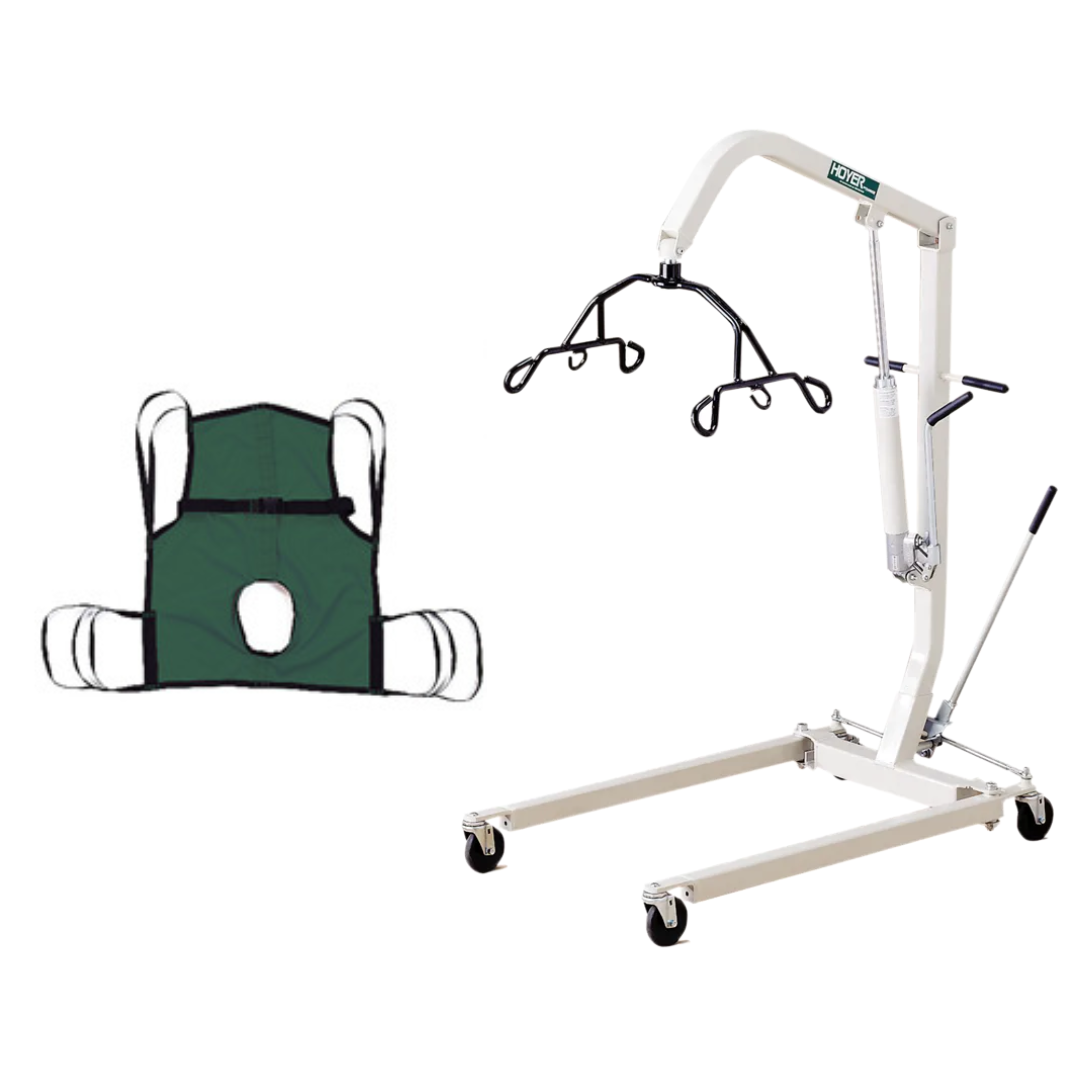 A green free sling is displayed next to the Joerns Hoyer Classic Hydraulic Patient Lift—a white manual lift with black hooks and wheels—ideal for safe homecare transfers of individuals with mobility challenges.